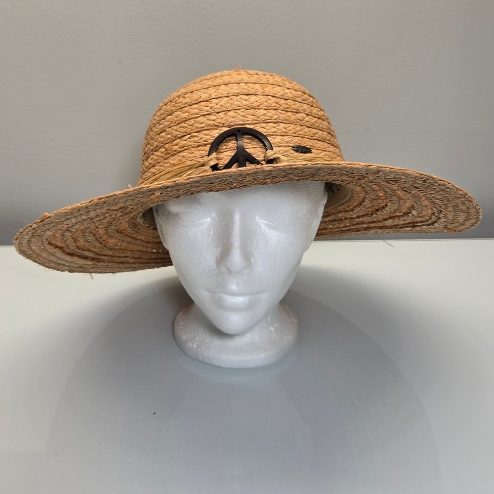Scala Collezione Wide Brim Raffia Straw Sun Hat OS Peace Sign Boho Summer Beach